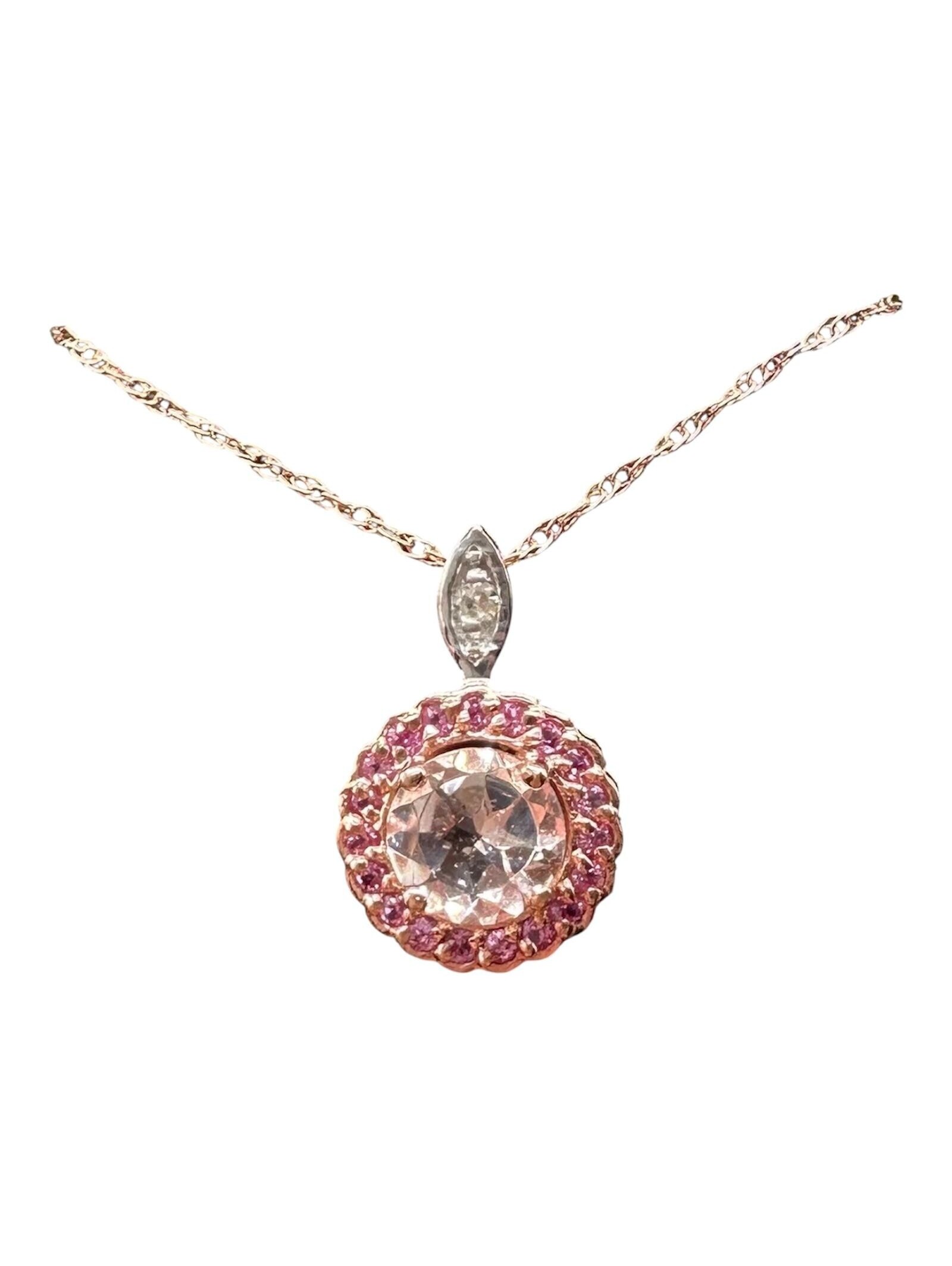 Morganite Pink Sapphire Diamond Necklace 10kt Rose Gold 18in New